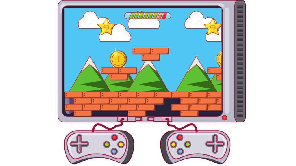 Consola de videojuegos, con dos controles, que transmite un juego. 