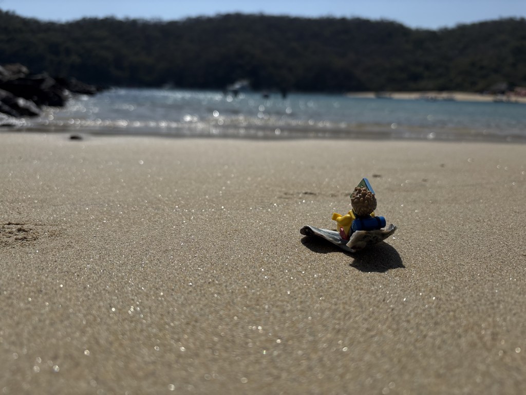 Minifigura LEGO admirando la vista en una playa