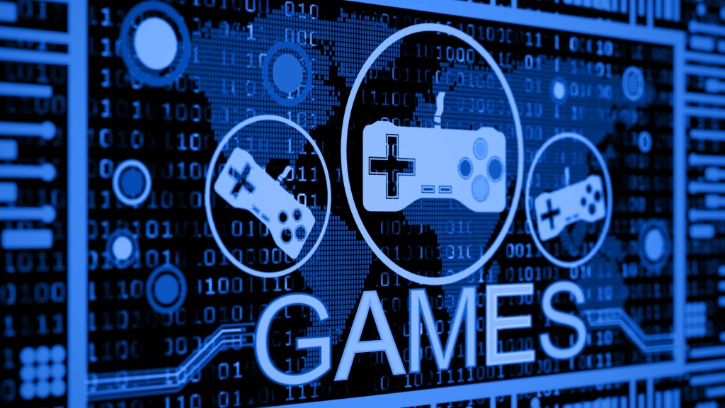 Imagenes de controles en un entrono digital con la palabra GAMES