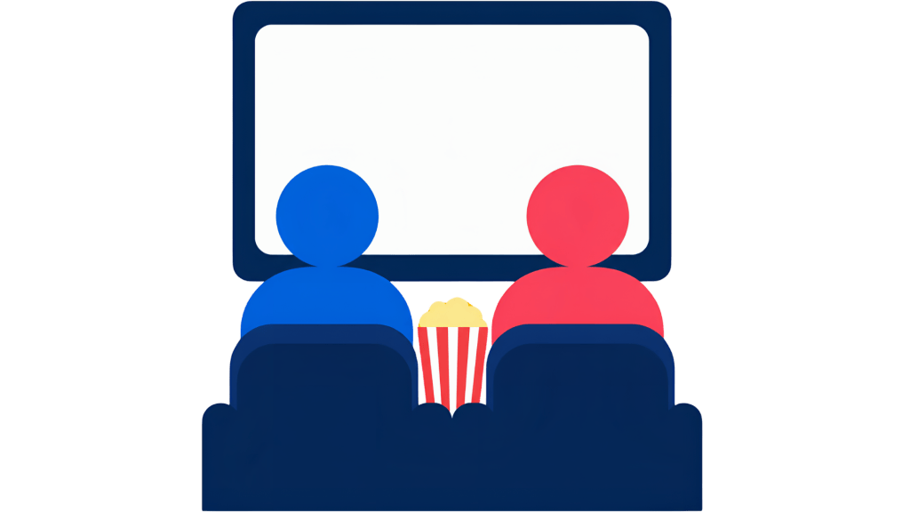 Imagen de dos personas de colores viendo una pantalla, viendo una pelicula con palomitas 