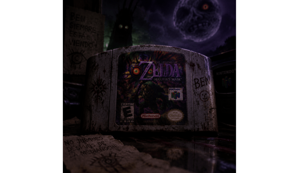 Imagen generada con Inteligencias Artificial, del supuesto cartucho maldito de The Legend of Zelda: Majora’s Mask.
